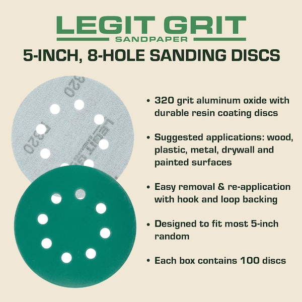 5 Inch Sand Paper Disc, 8-Hole, 320 Grit, 100PK